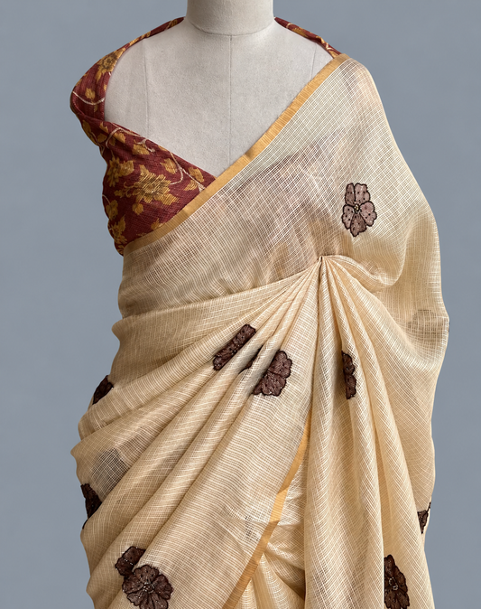 Kota Silk Saree with Cut Dana Floral Clusters & Kalamkari Blouse