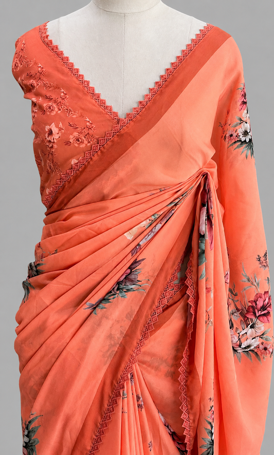 Crepe Georgette Floral Print & Lace Border Saree for Festive Wear