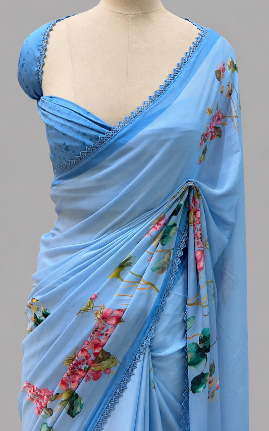 Crepe Georgette Floral Print & Lace Border Saree for Festive Wear