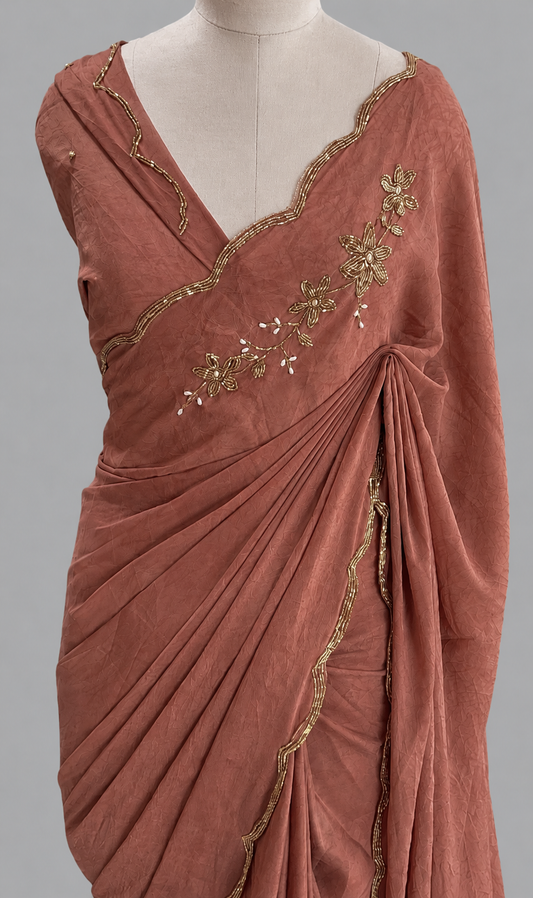 Crush Chiffon Saree with Beaded Floral Vine & Scallop Border
