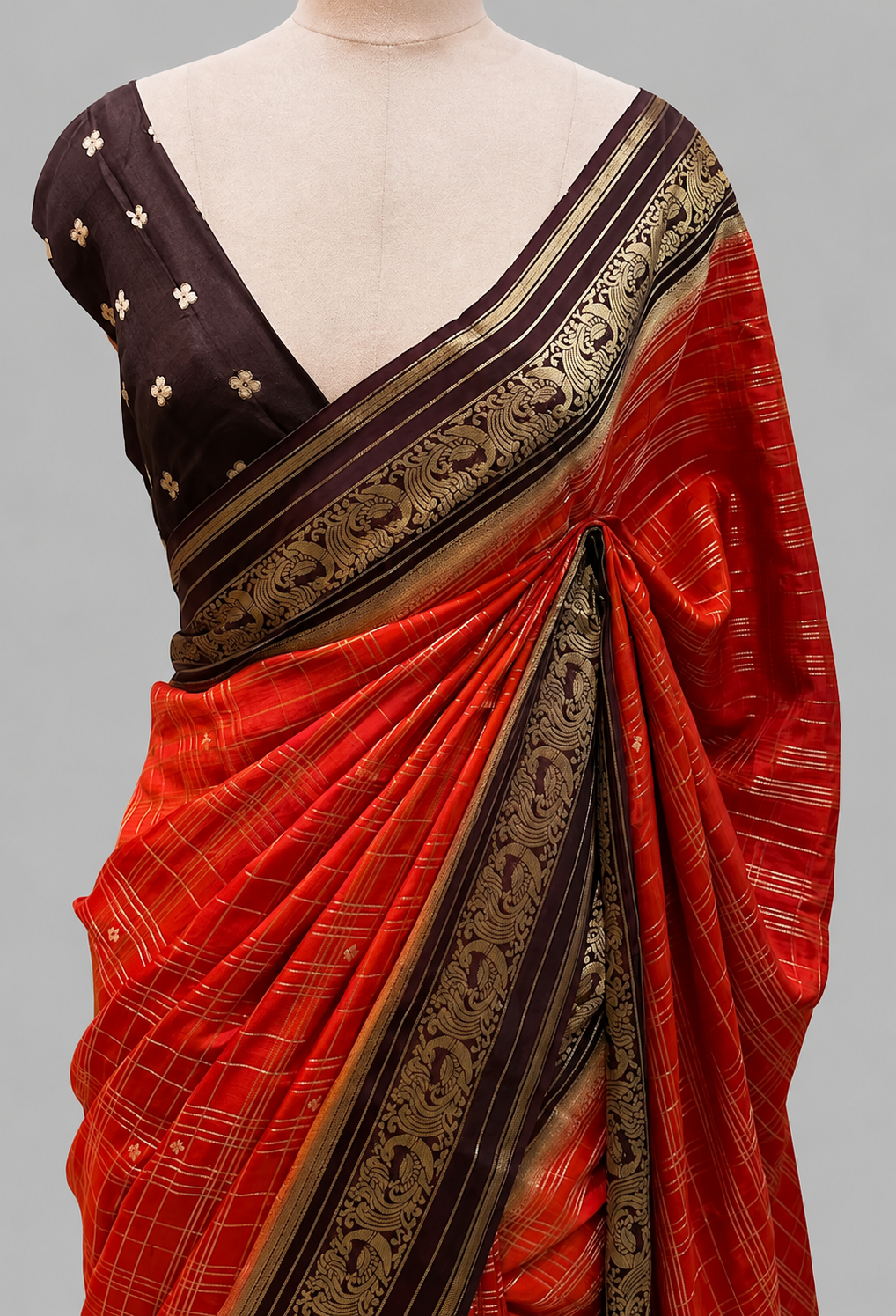 Dola Silk Saree with Zari Checks & Scrollwork Zari Border