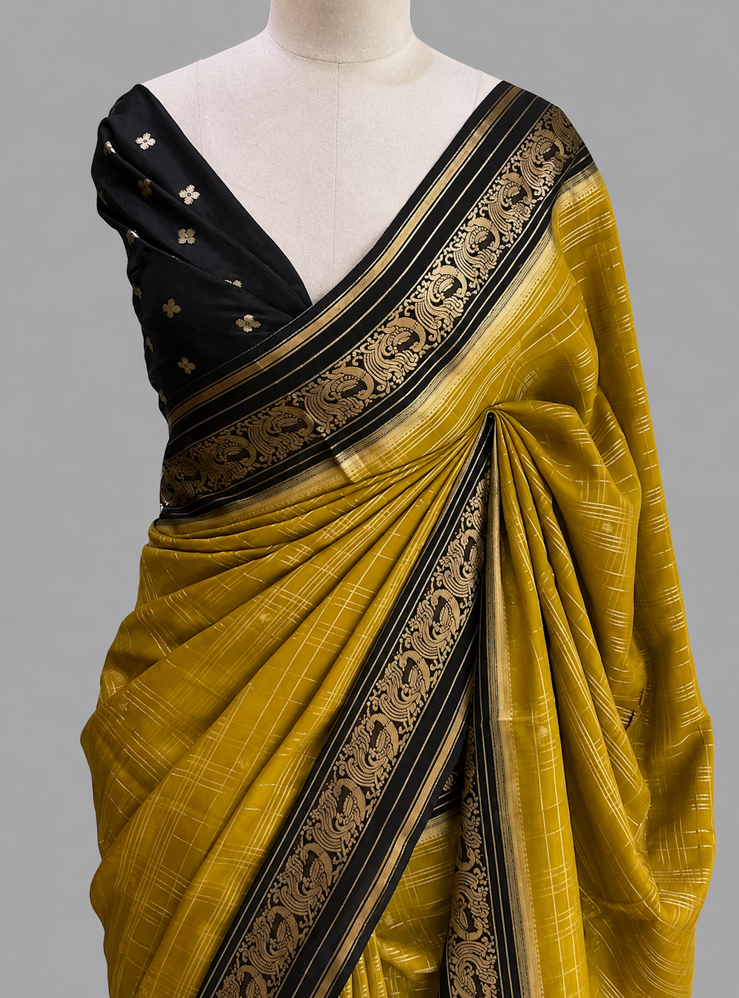 Dola Silk Saree with Zari Checks & Scrollwork Zari Border
