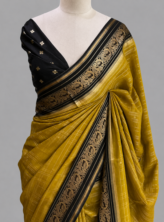 Dola Silk Saree with Zari Checks & Scrollwork Zari Border
