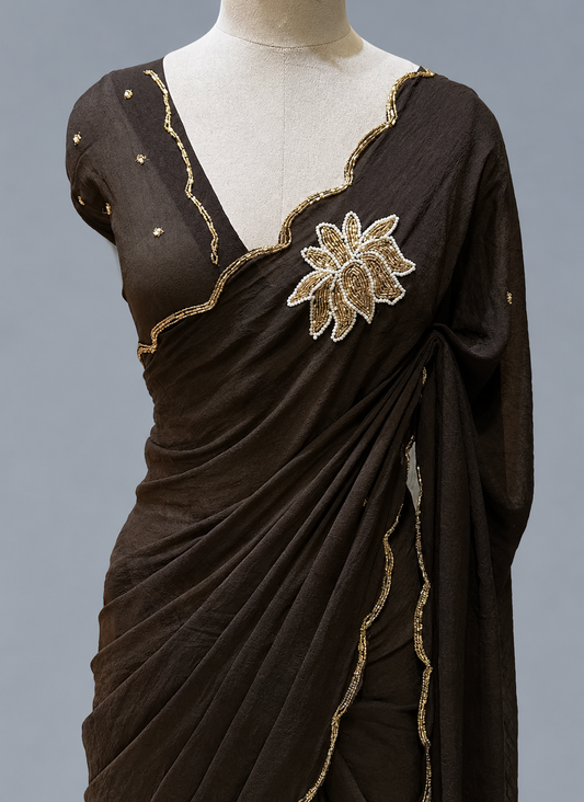 Crush Chiffon Saree with Lotus Bead Motif & Scalloped Gold Border