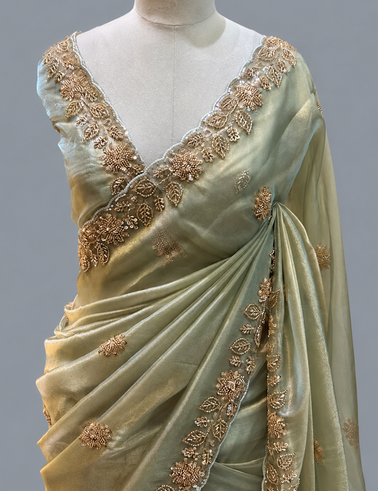 Soft Tissue Saree with Beaded Leaf-Floral Border & Scattered Leaf Butis