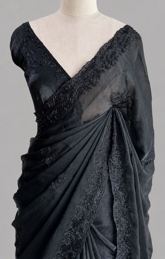 Fendi Silk Saree with Beaded Floral Vine Border & Paisley Motifs