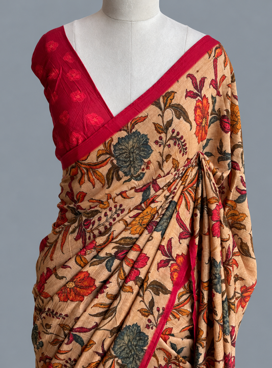 Linen Silk Saree with Bold Large-Scale Botanical Floral Print & Slim Border
