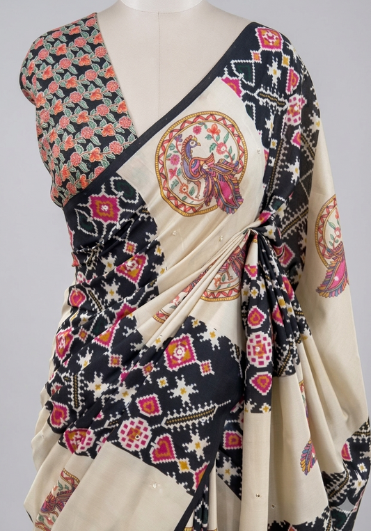 Peacock Mandala: Art Silk Patola Digital Print Saree with Mirror Work