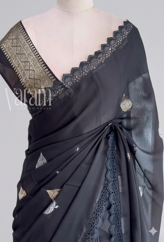 Silver Cipher: Manipuri Kota with Lace Border & Zari Butis