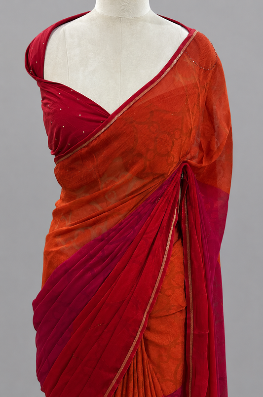 Brasso Georgette Saree with Linked Circle Burnout & Slim Lace Border