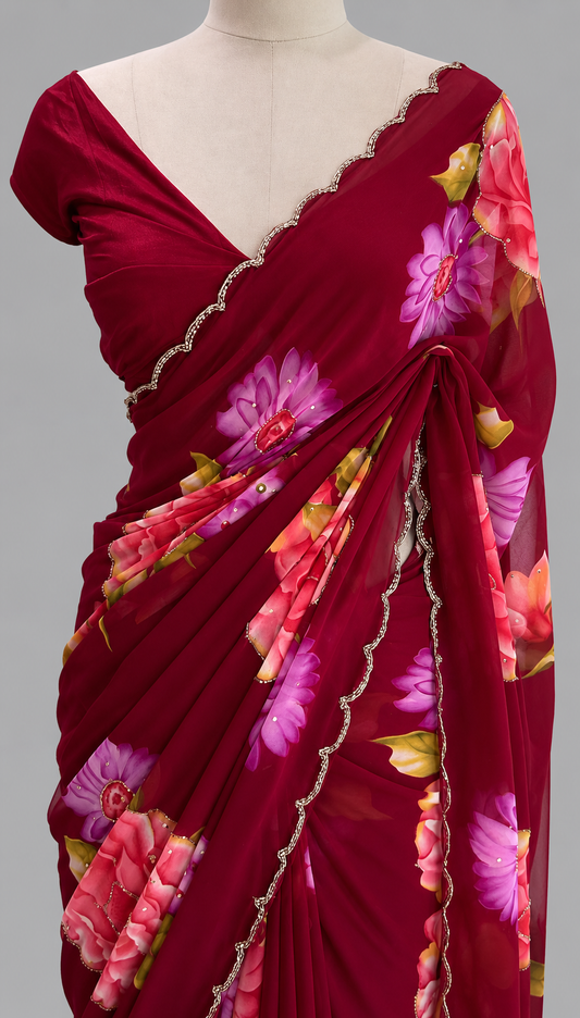 Georgette Cut Dana Saree with Large-Scale Rose & Lotus Print, Scalloped Border