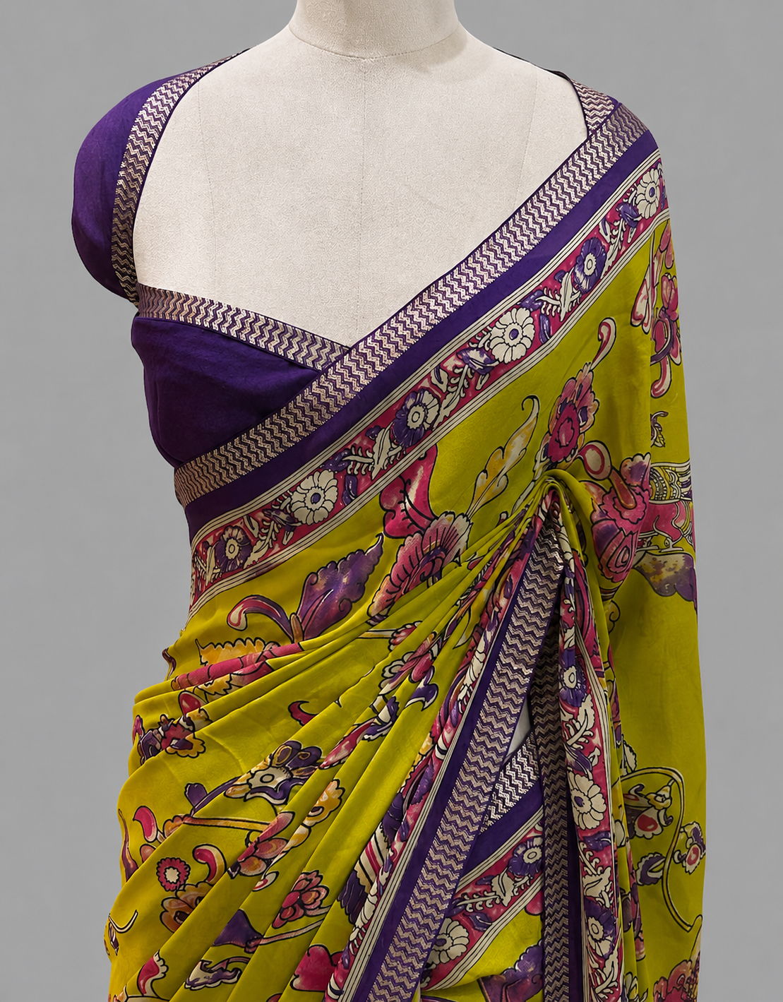 Georgette Saree with Large Kalamkari Florals & Chevron Border