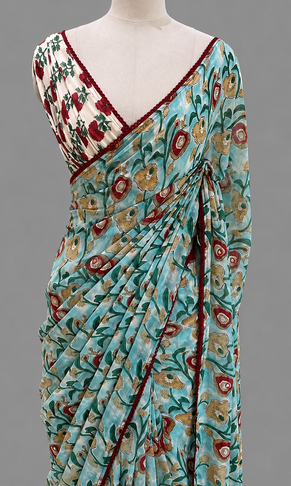 Georgette Digital Print Saree | Large Floral Vine & Lace Border