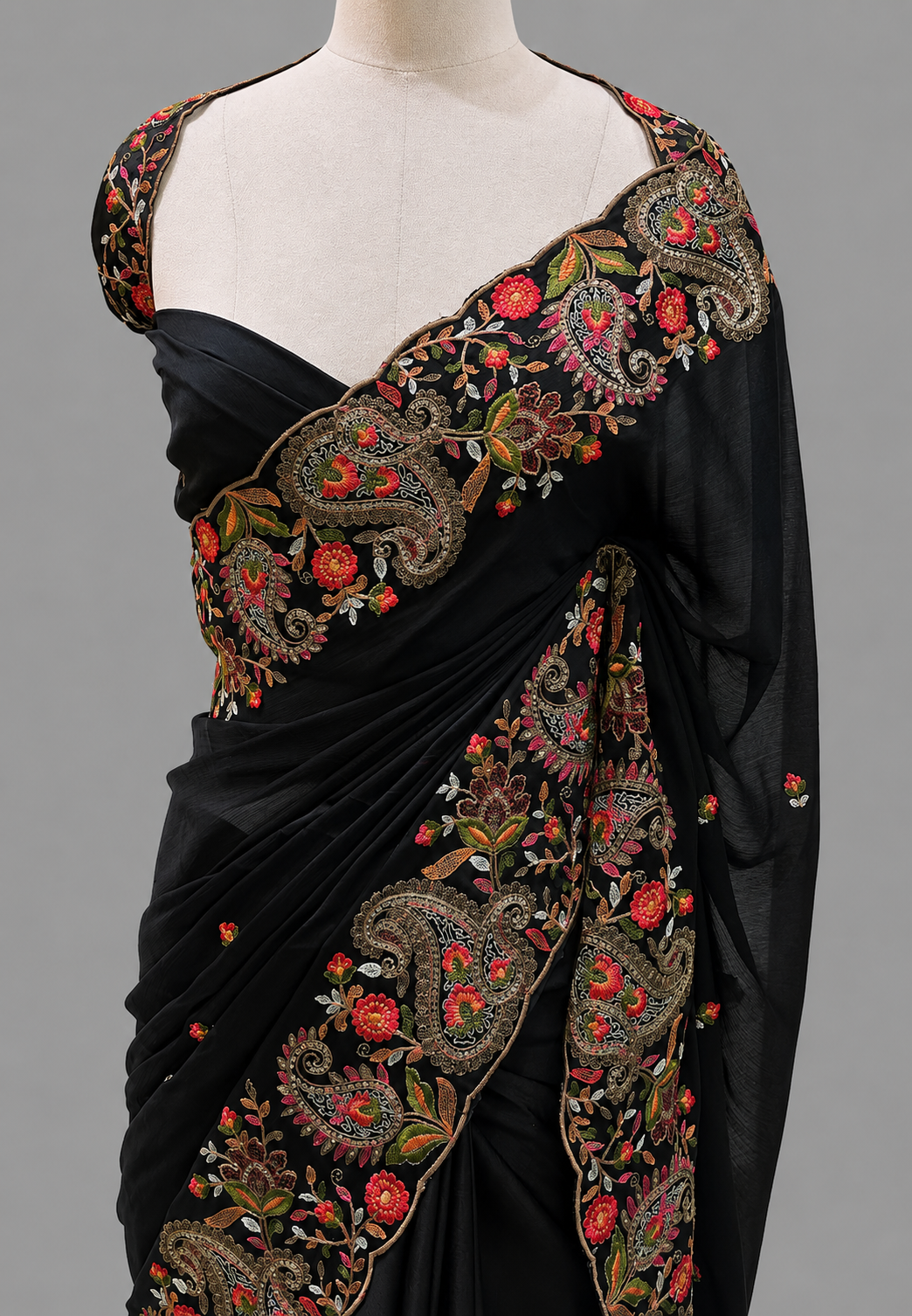 Georgette Saree with Kalka & Scattered Floral Thread Embroidery