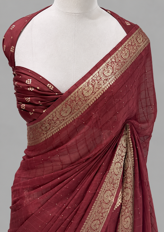 Georgette Sequin Checks Saree with Broad Zari Floral Border