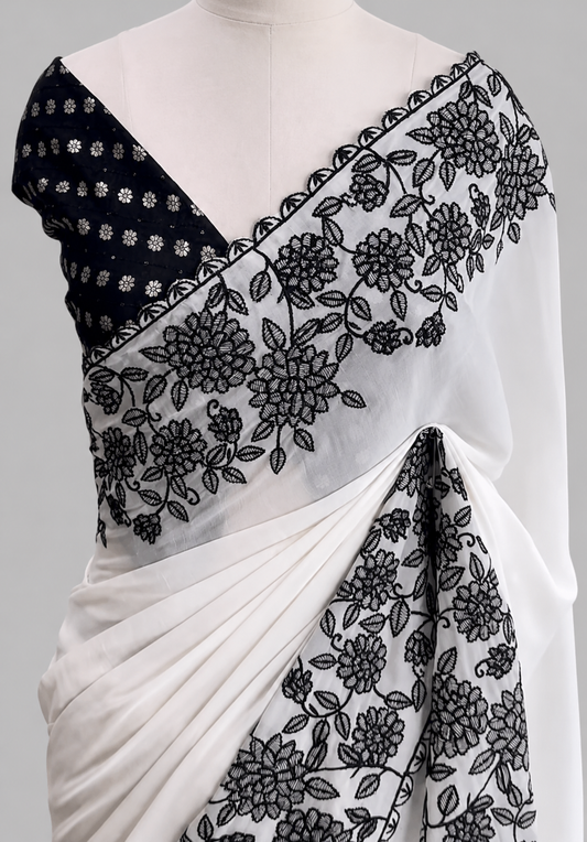 Premium Georgette Saree with Dense Floral Thread Embroidery