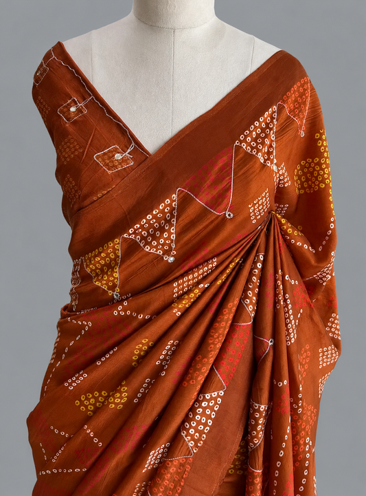 Habutai Silk Bandhani Saree with Aari & Mirror Work