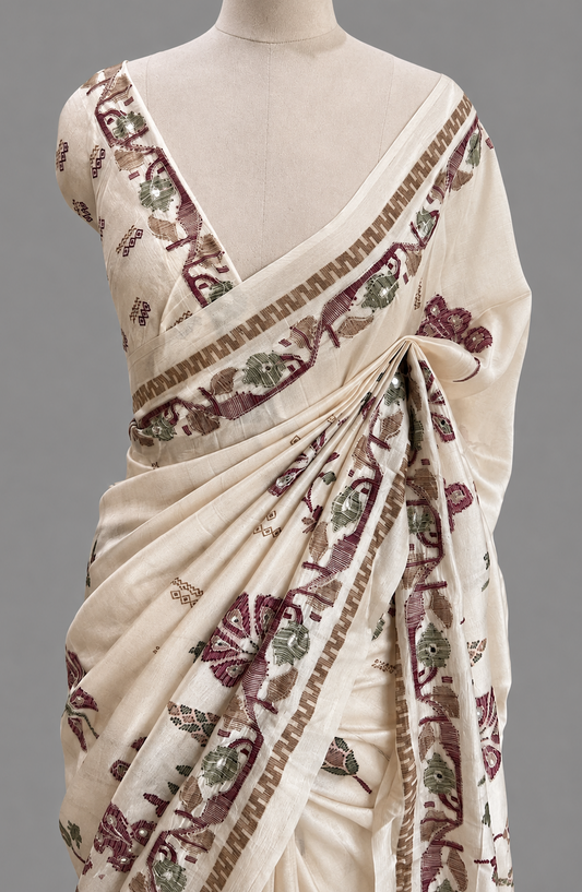 Habutai Silk Saree with Floral Motif Border & Mirror Zari Work