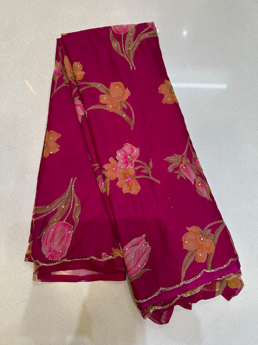 Radiant Flora Chiffon Saree: Meticulous Cut Dana Artistry with Scalloped Edge