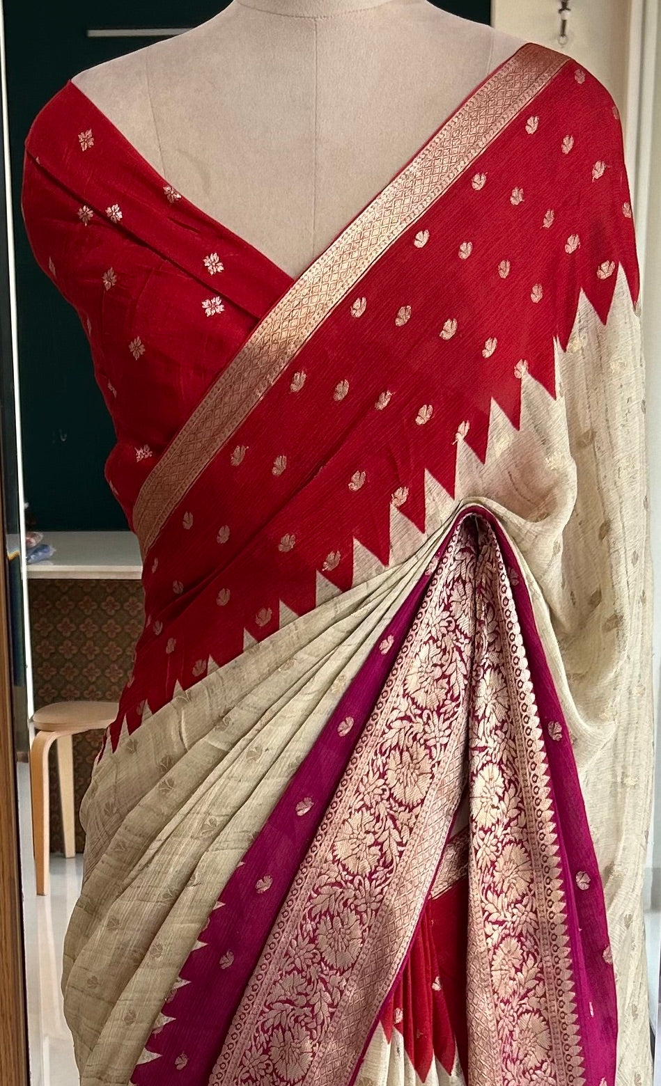 Chinnon Silk Saree with Zari Weave Butis & Temple Border for Festive Wear