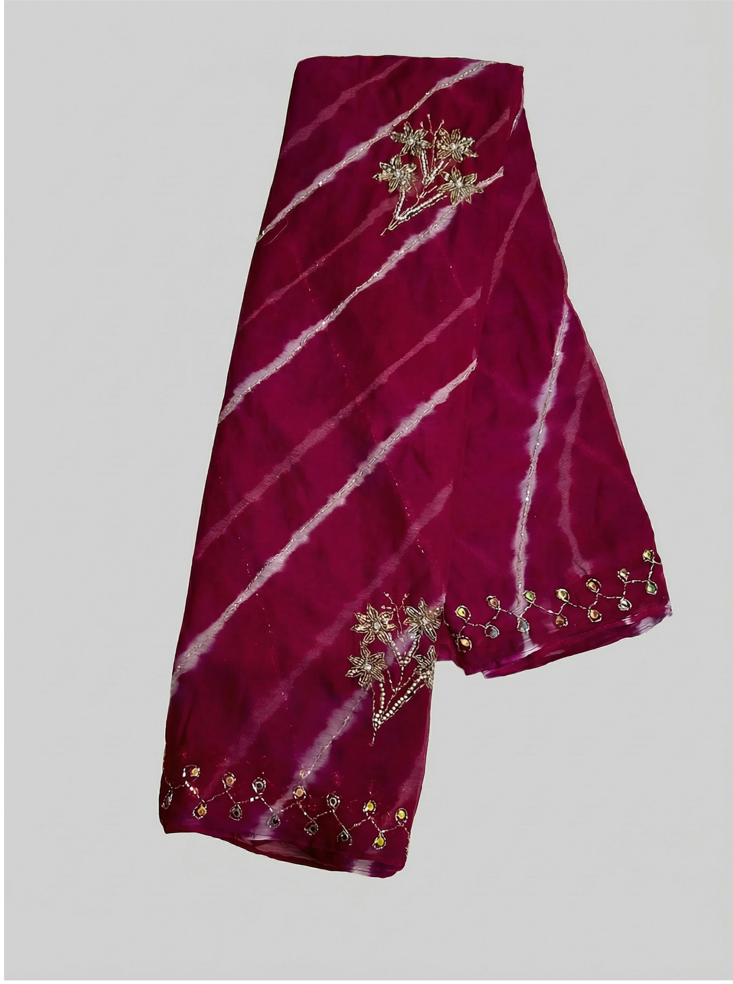 Diagonal Leheriya Chiffon Saree with Beaded Border