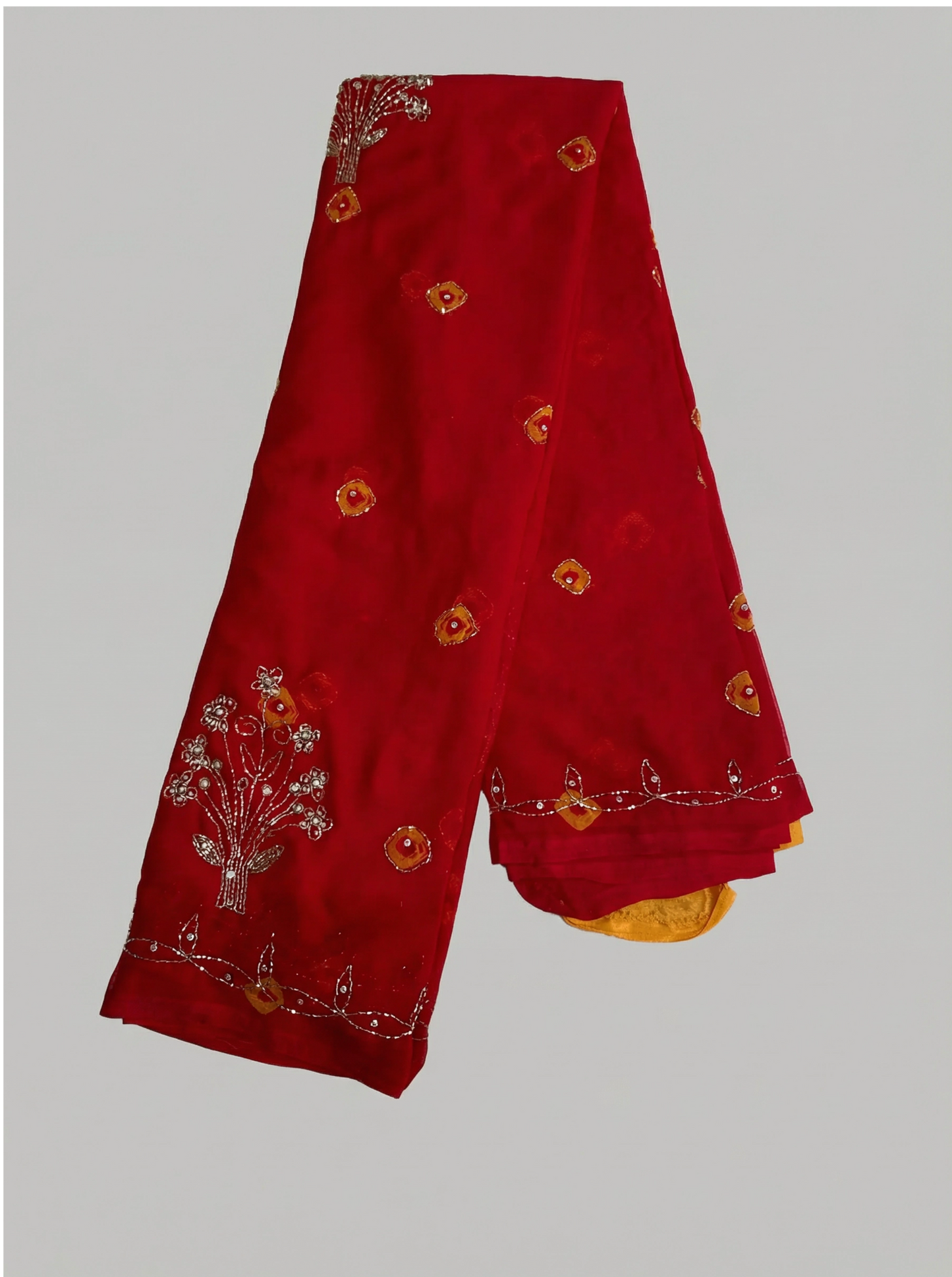 Elegant Bandhej Chiffon Saree with Floral Embroidery