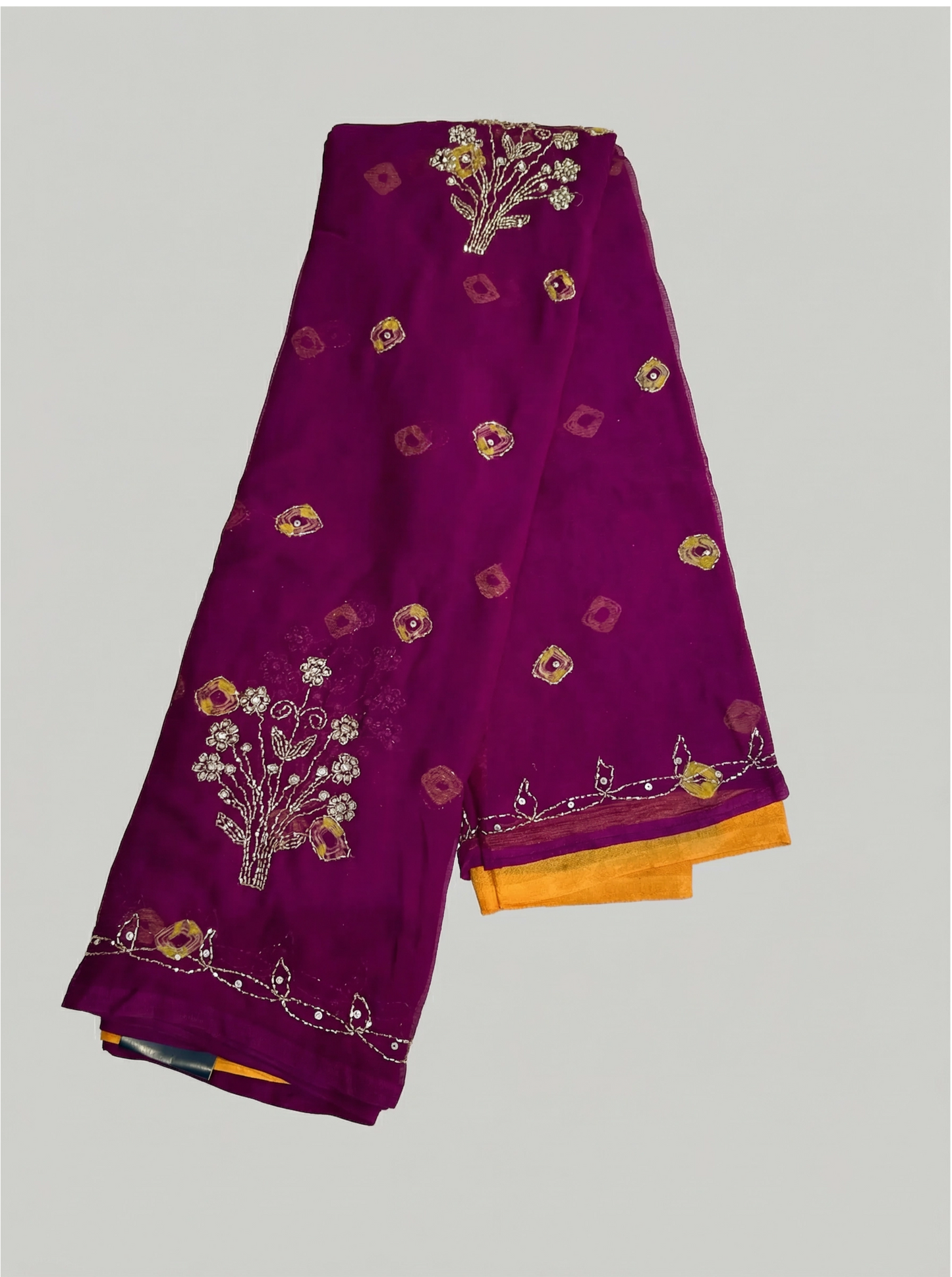Elegant Bandhej Chiffon Saree with Floral Embroidery
