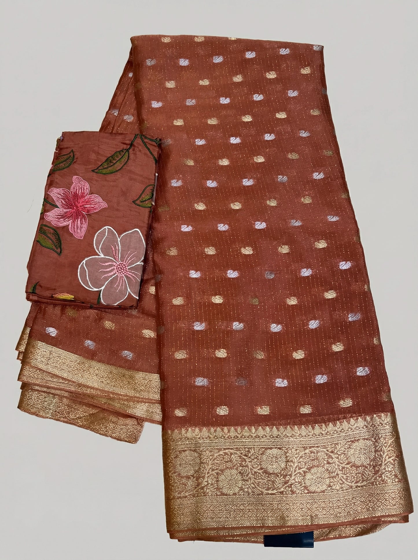 Bloom & Zari: Pure Chinnon Zari Lines Saree with Floral Applique Blouse | Festive