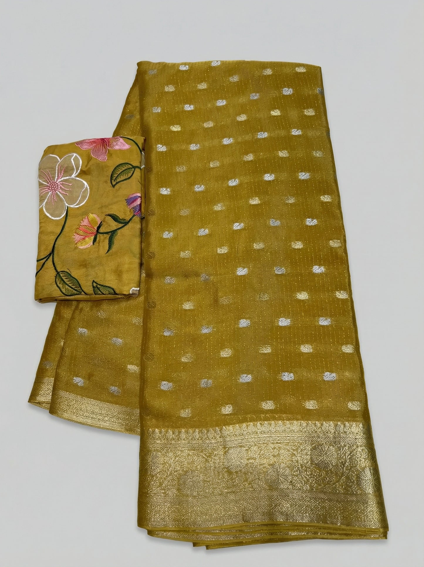 Bloom & Zari: Pure Chinnon Zari Lines Saree with Floral Applique Blouse | Festive