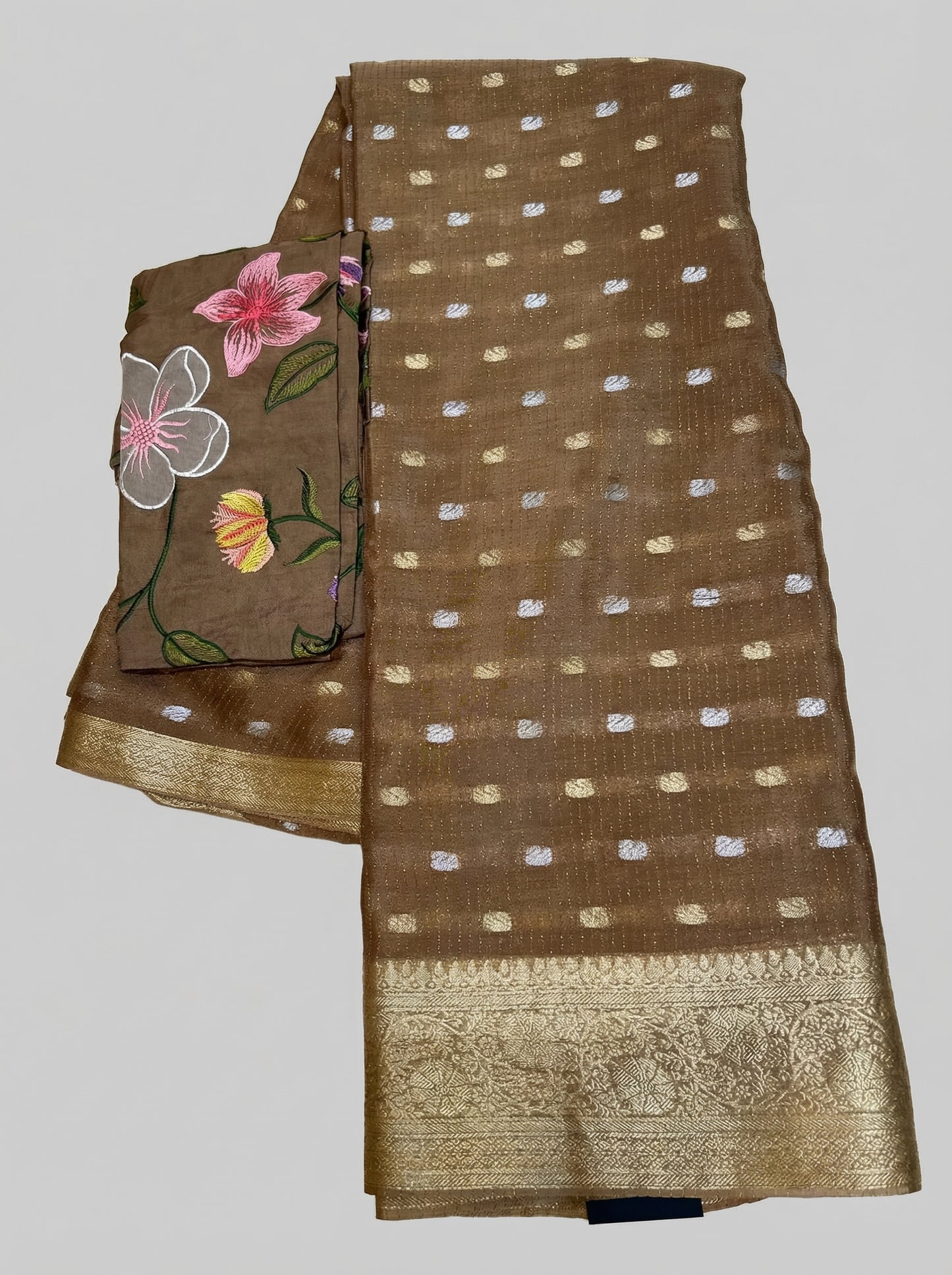 Bloom & Zari: Pure Chinnon Zari Lines Saree with Floral Applique Blouse | Festive