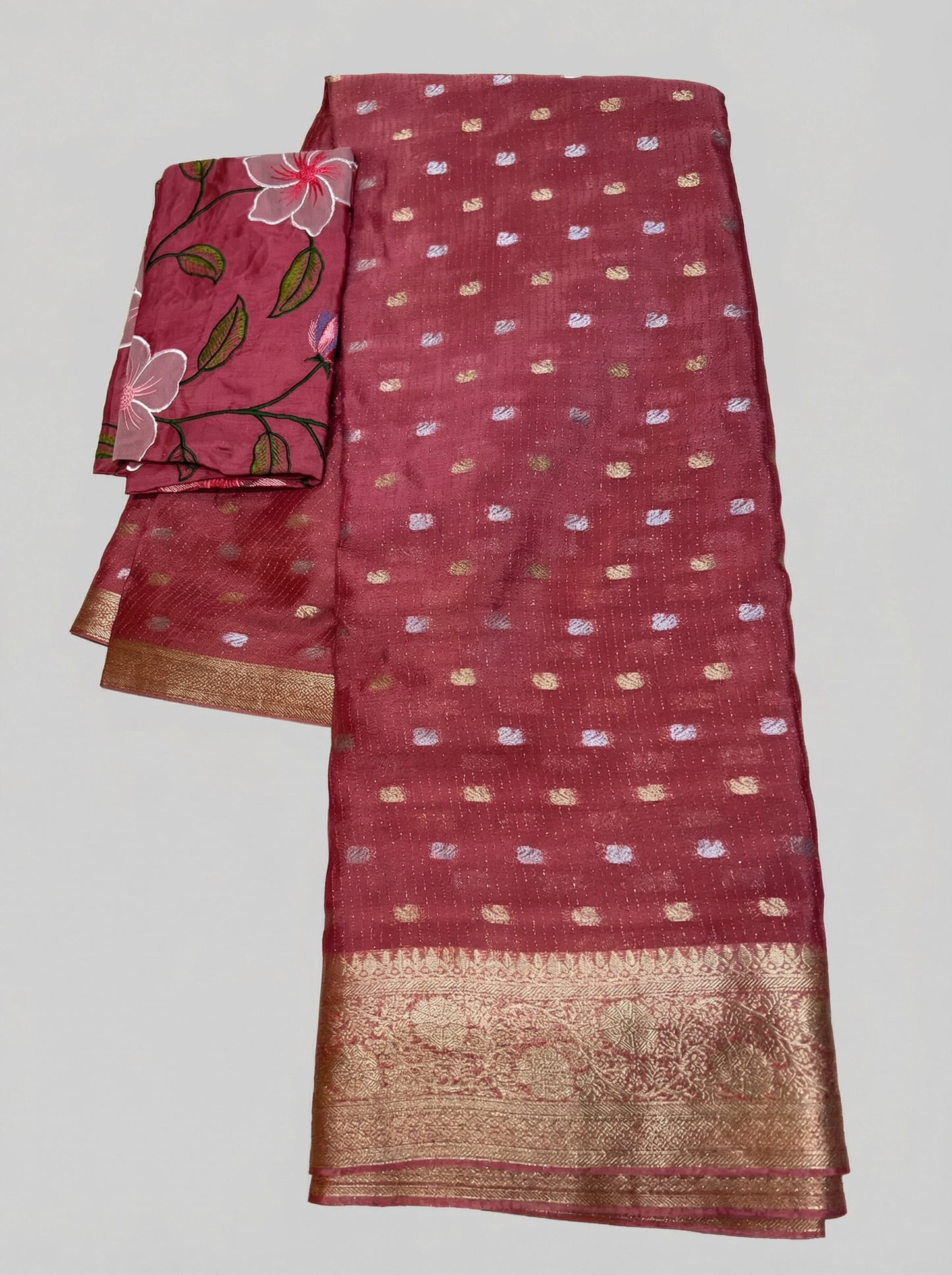 Bloom & Zari: Pure Chinnon Zari Lines Saree with Floral Applique Blouse | Festive