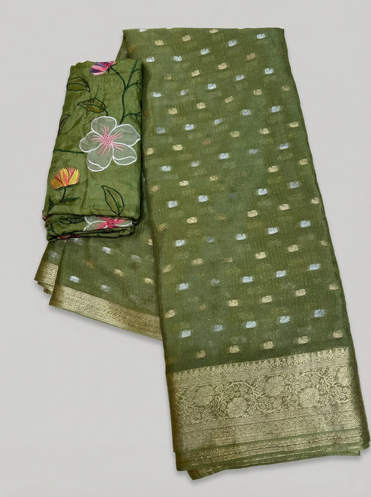 Bloom & Zari: Pure Chinnon Zari Lines Saree with Floral Applique Blouse | Festive