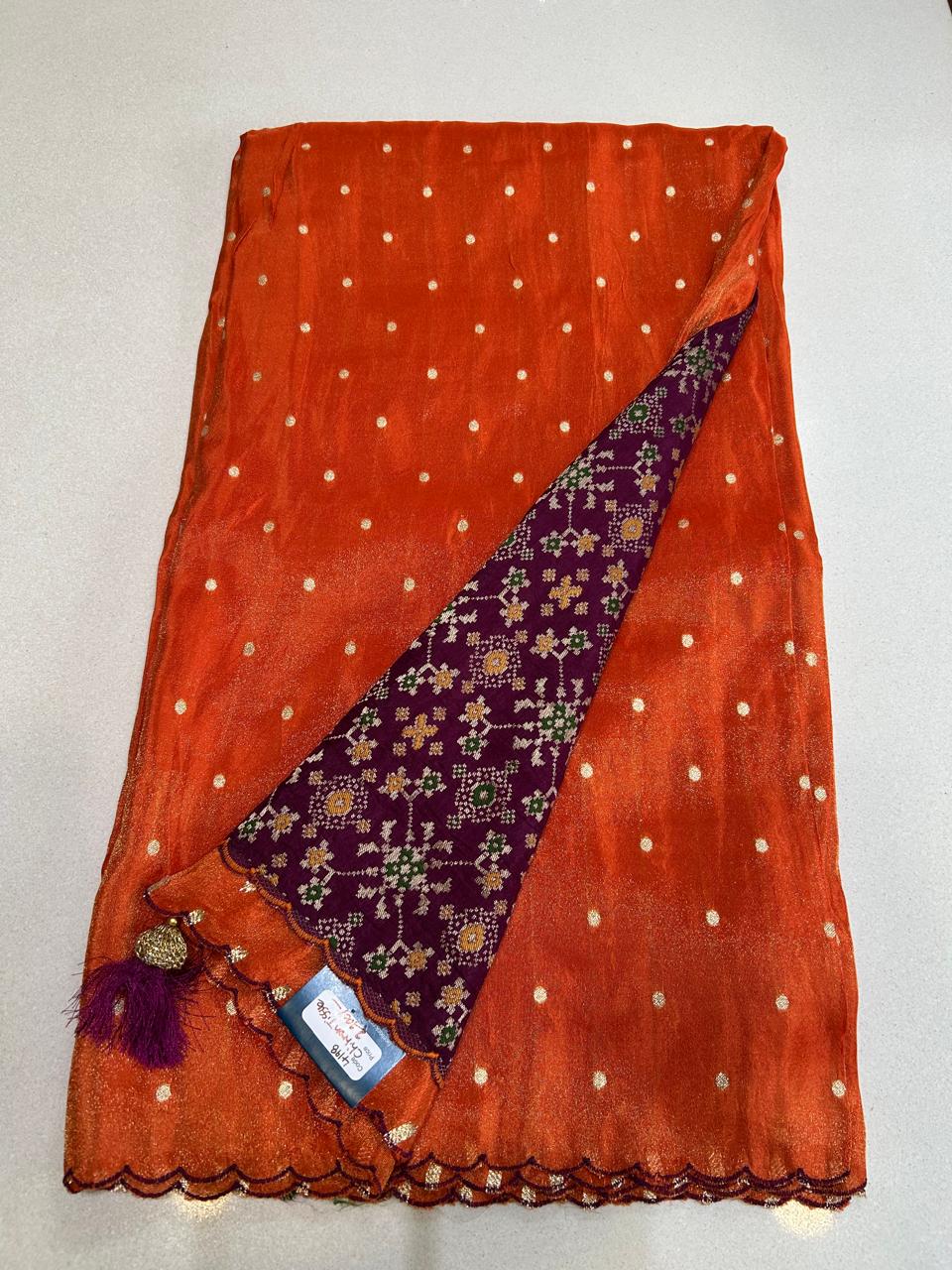 Chinnon Tissue Saree with Scattered Zari Floral Butis & Scalloped Border