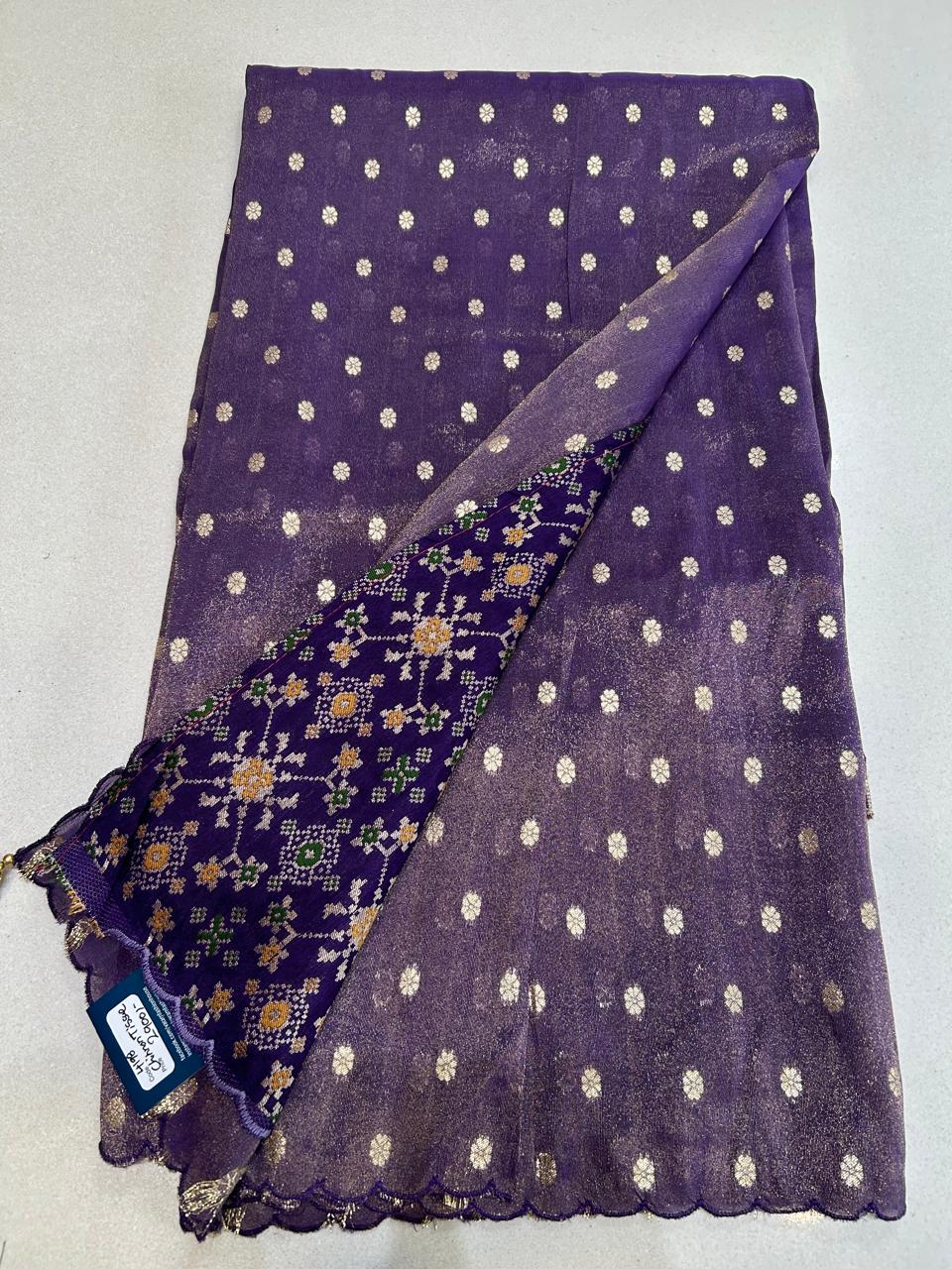 Chinnon Tissue Saree with Scattered Zari Floral Butis & Scalloped Border