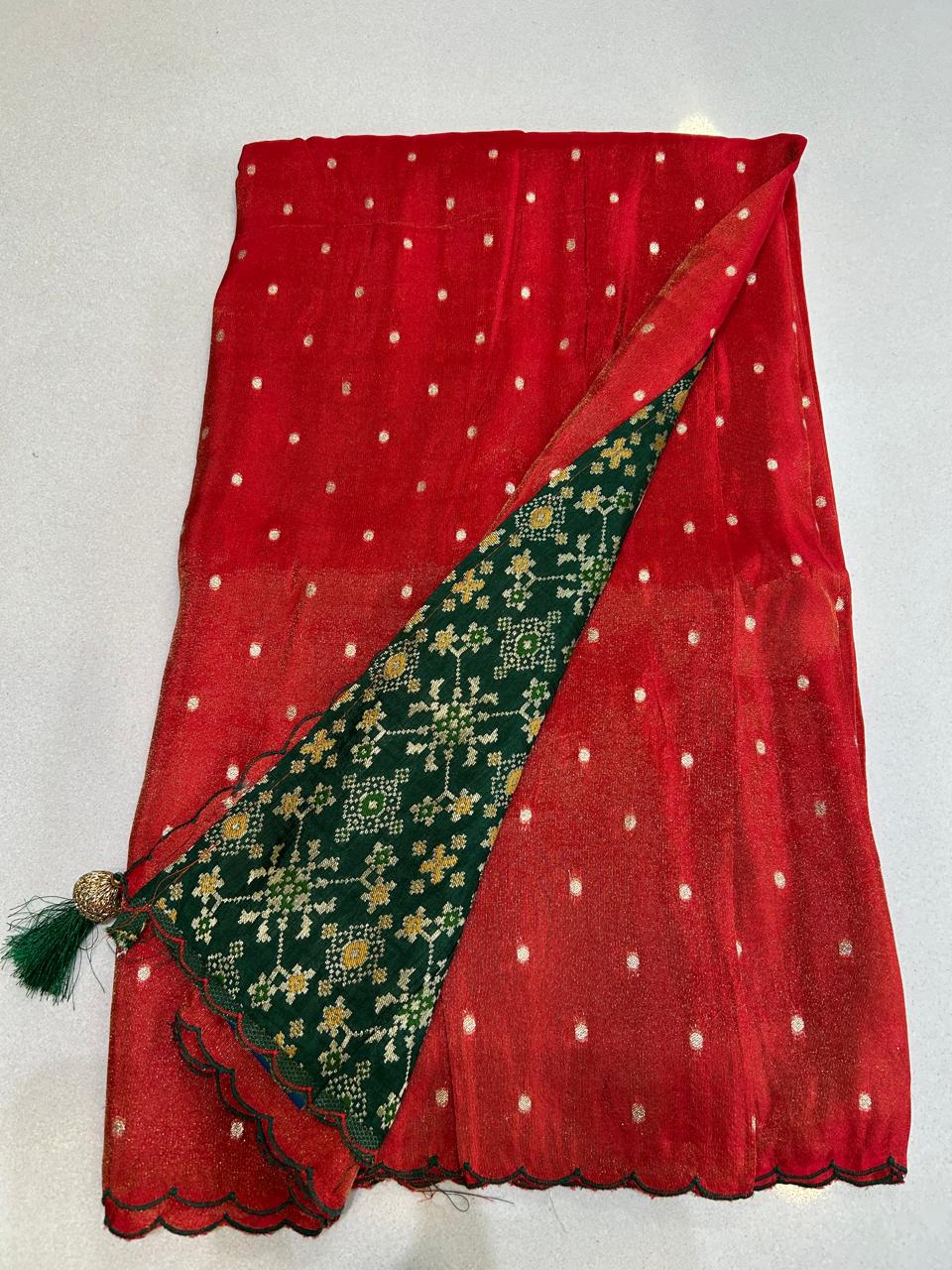Chinnon Tissue Saree with Scattered Zari Floral Butis & Scalloped Border