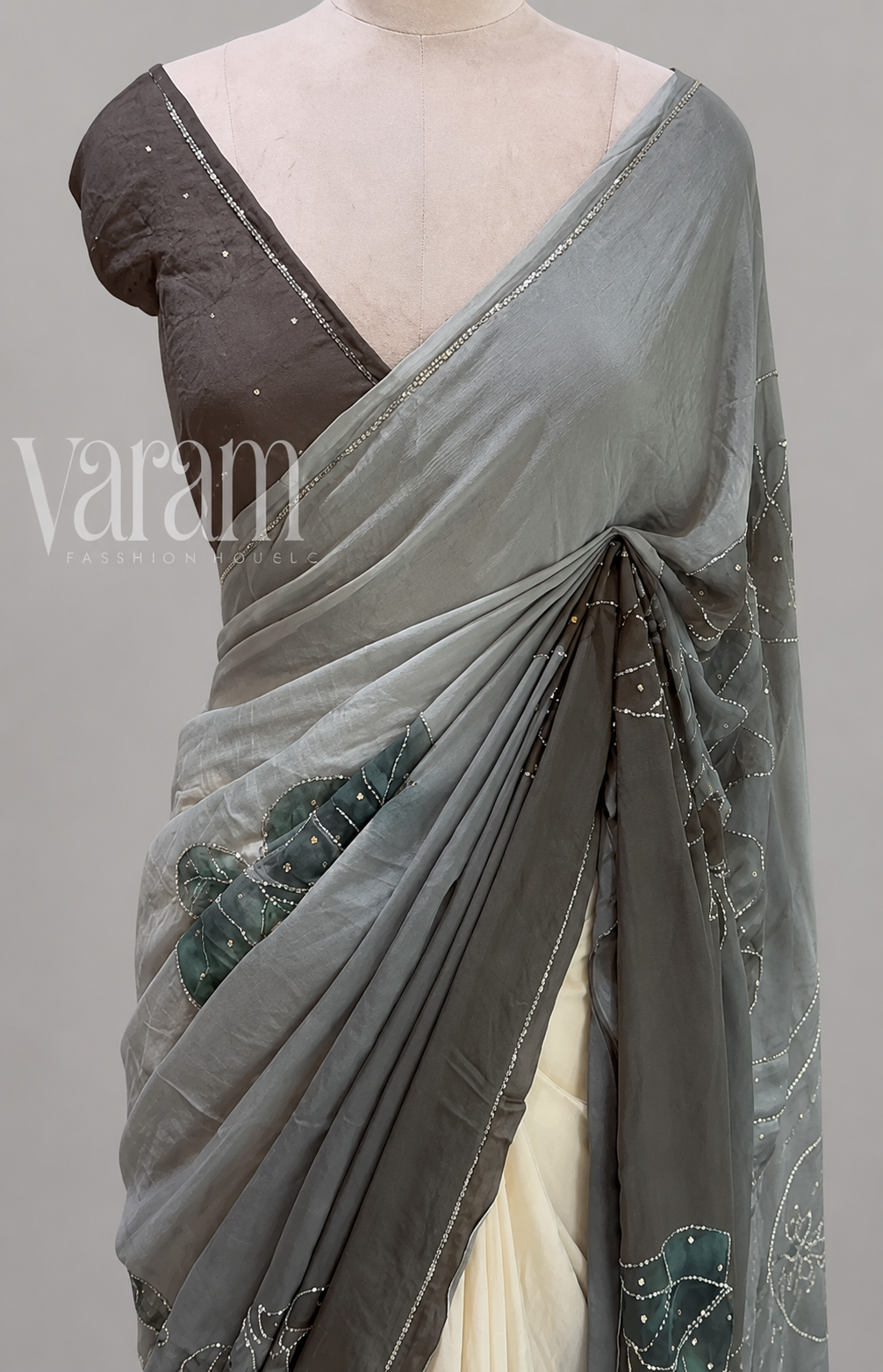 Pure Chinon Saree with Large Digital Rose and Cut Dana Outlining on Florals and Border