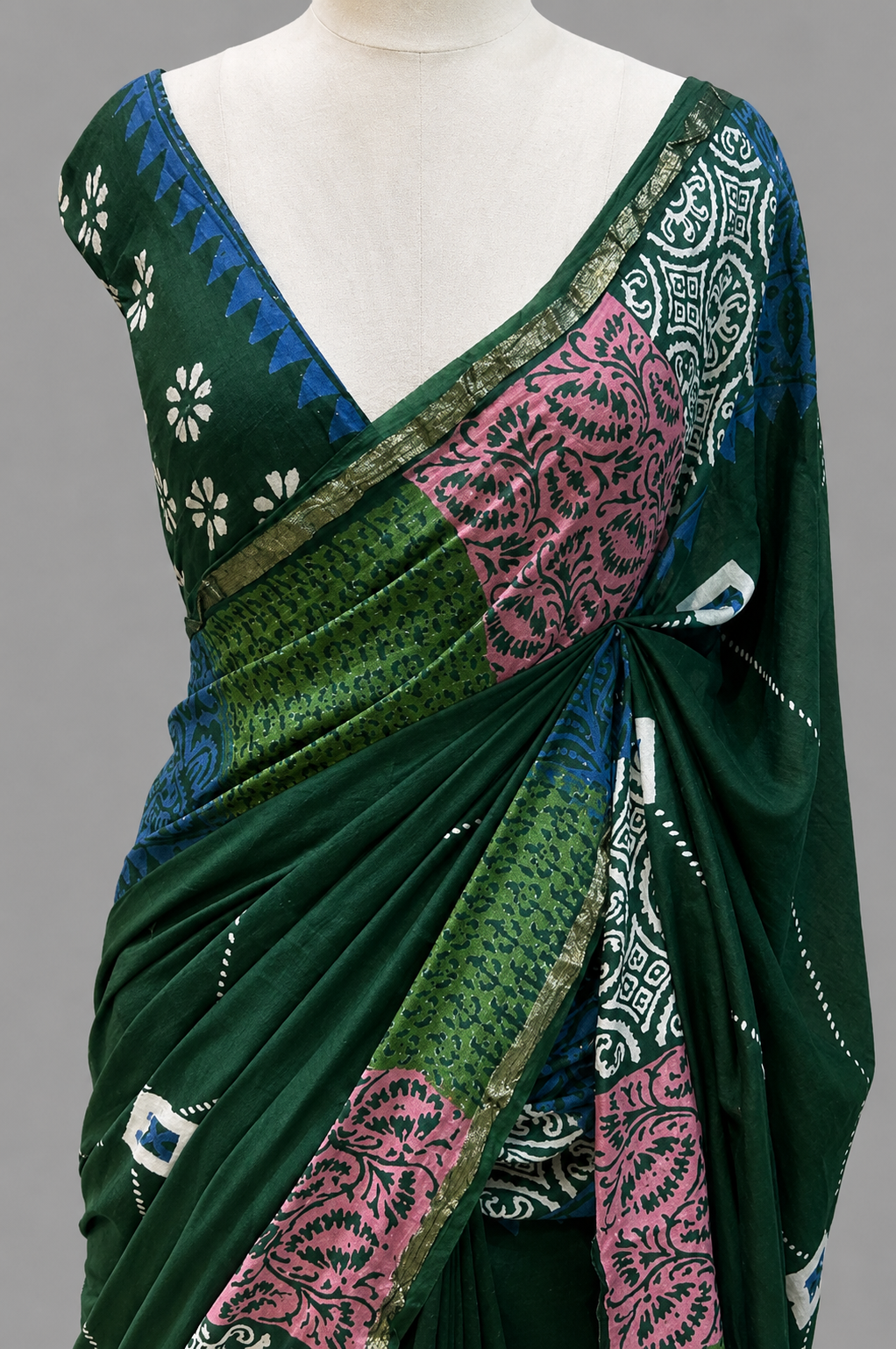 Chanderi Cotton Silk Saree with Block Print Medallions & Chevron Border