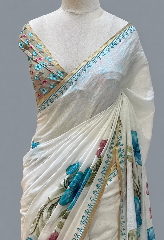 Linen Brush Floral Paint Saree with Slim Zari & Floral Vine Border