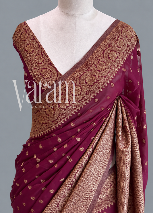 Khaddi Georgette Saree | Zari Kairi Border & Floral Buti Weave