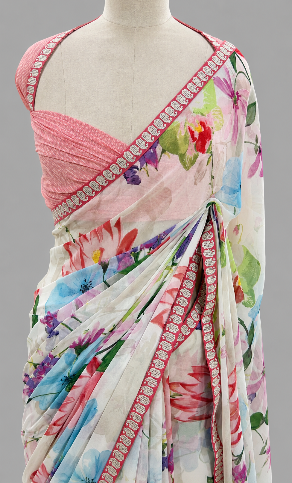 Premium Georgette Floral Print Saree with Lace Border