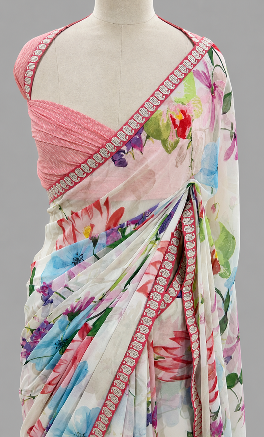 Premium Georgette Floral Print Saree with Lace Border
