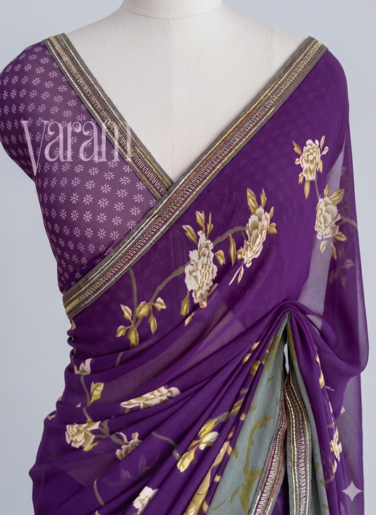 Rose Trail: Premium Georgette with Lace Border Floral Saree