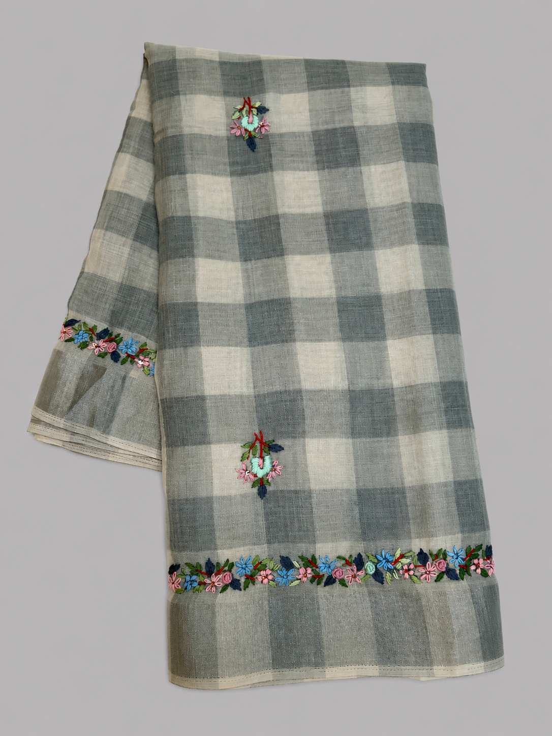 Linen Cotton Checks Saree with Hand Thread Floral Garland Border