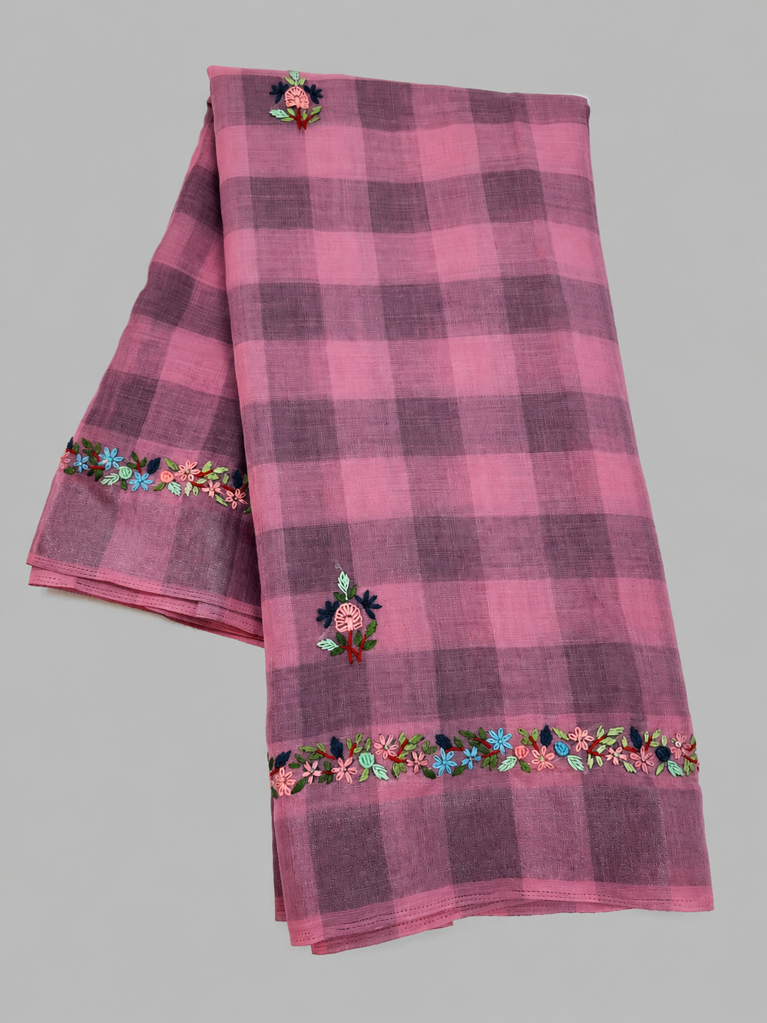 Linen Cotton Checks Saree with Hand Thread Floral Garland Border
