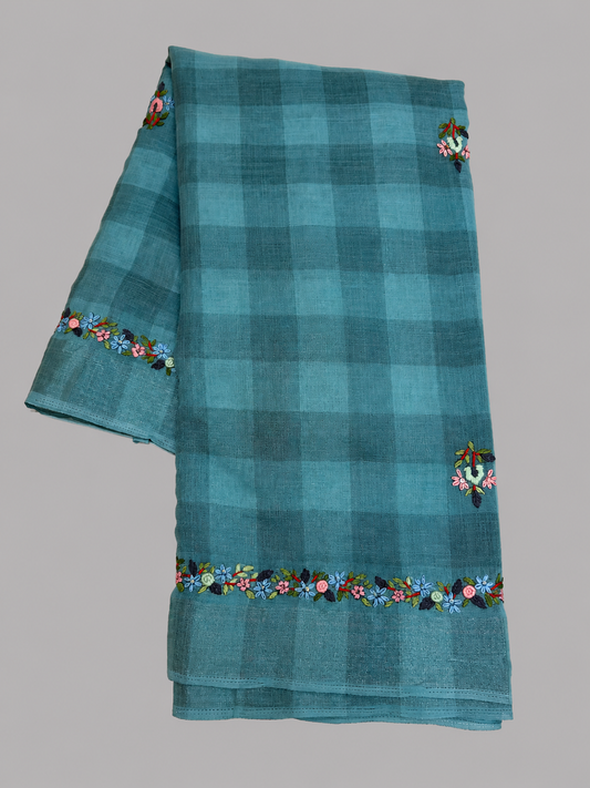 Linen Cotton Checks Saree with Hand Thread Floral Garland Border