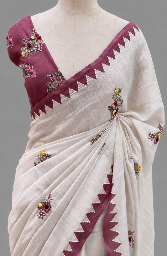 Linen Cotton Saree with Scattered Floral Clusters & Temple Border
