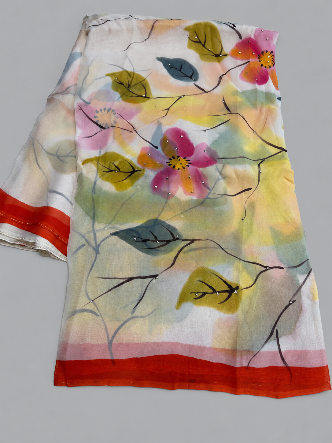 Pure Organza Saree with Large Floral & Leaf Motifs