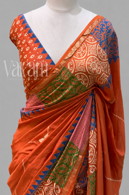 Chanderi Cotton Silk Saree with Block Print Medallions & Chevron Border