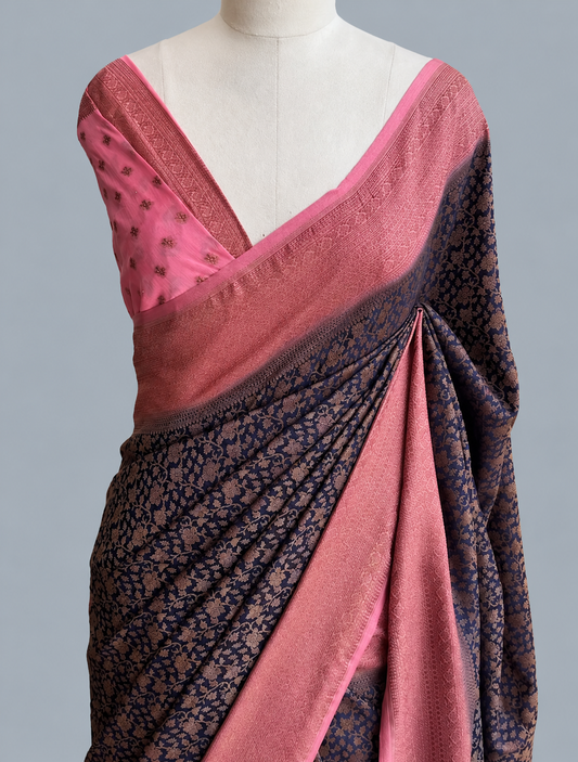 Banarasi Georgette Saree with Dense All-Over Floral Zari Weave & Broad Zari Border