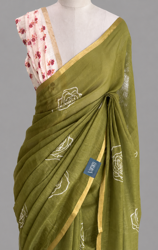 Linen Cotton Saree with White Rose Motifs & Slim Gold Border